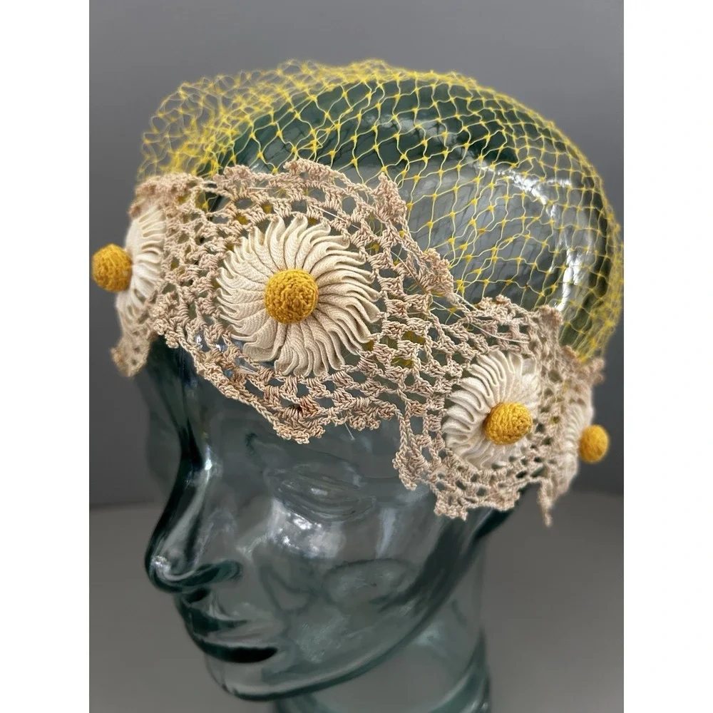 Vintage Crochet Daisies Net Daisy Hat Cap Flapper Deco Hippie Boho
